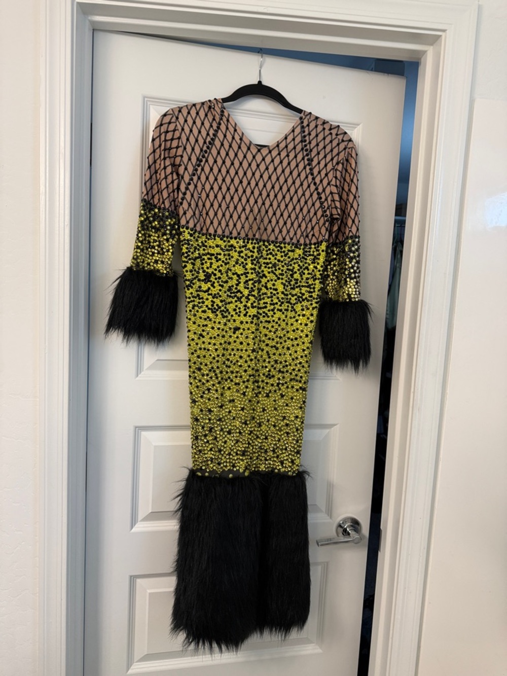 Neon Yellow Sequin Mini Dress with Black Faux Fur Trim